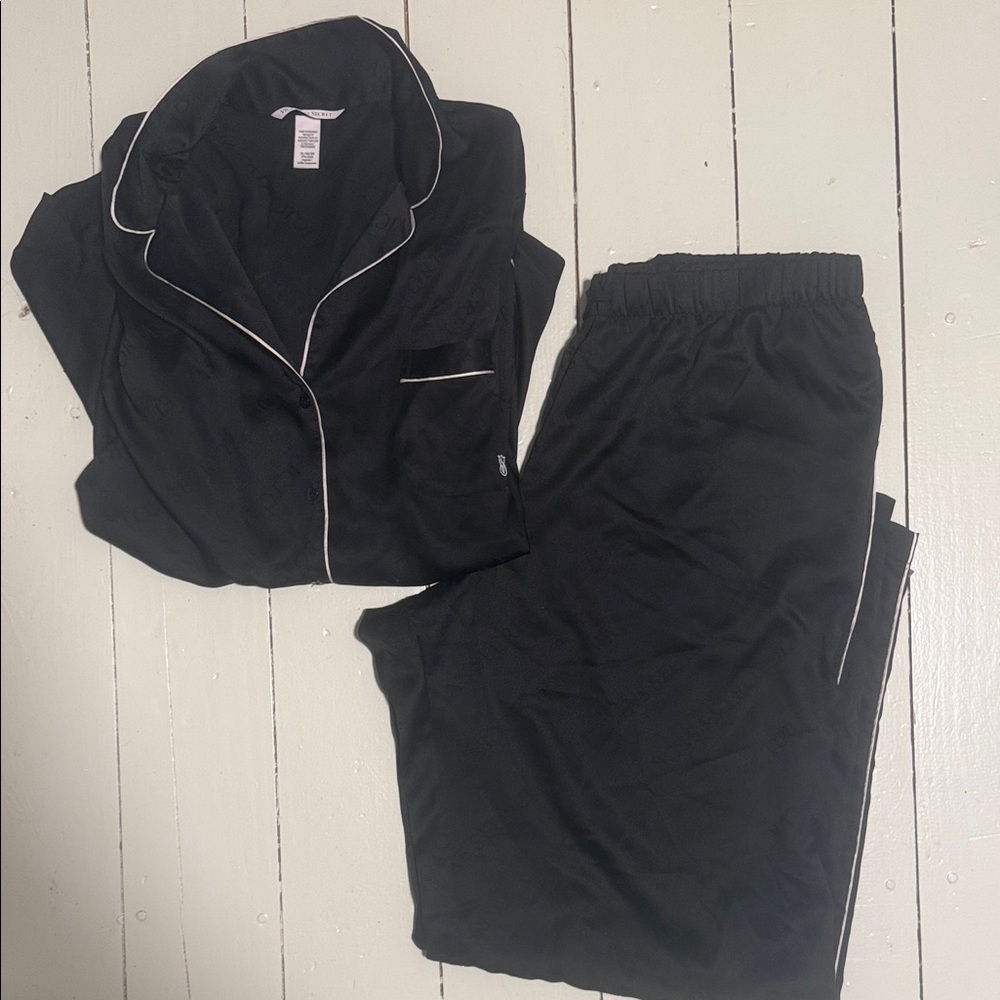 Victorias Secret Satin XL Black Pajama Set with White Trim
